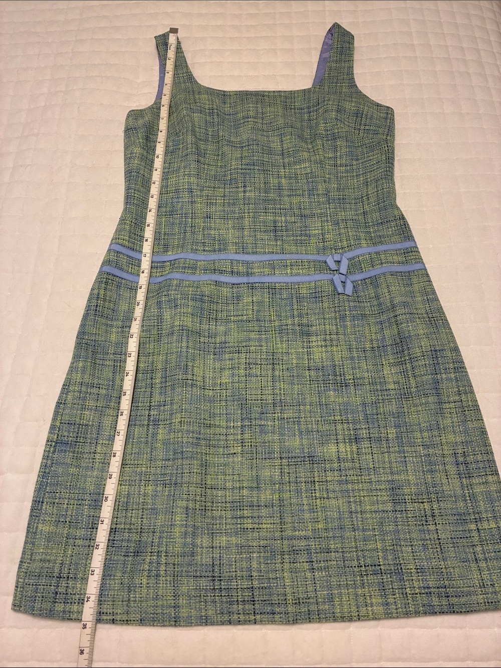 Sigrid Olsen Blue and Green Tweed Shift Dress with Ribbon Accent. Size 10.